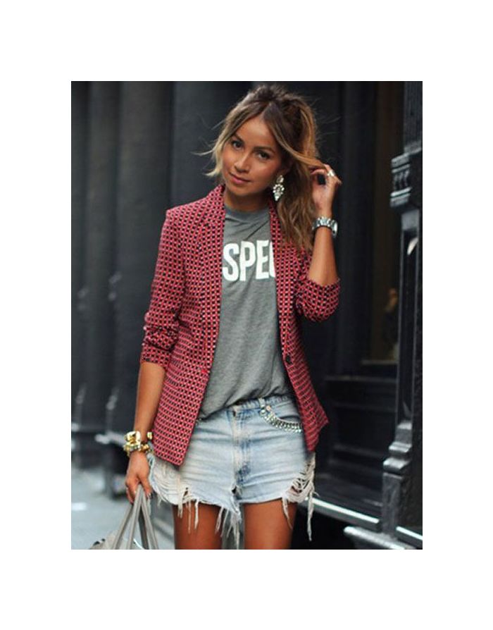 Red Plaid Printed Fashion OL Long-sleeved Lapel Thin Blazer for Women