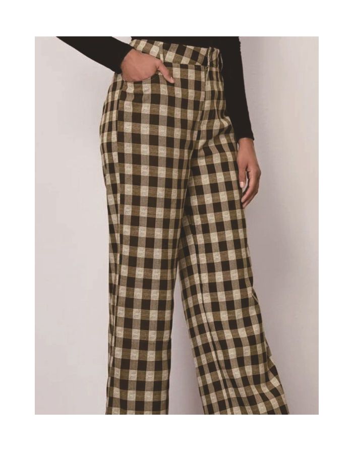 Women Spring Fall Plaid One Button High Waisted Casual Wide Leg Trousers Pants