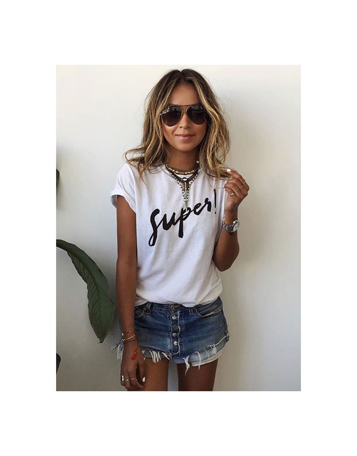 Summer White Short Sleeve Letters Printed Casual Cotton T-shirt