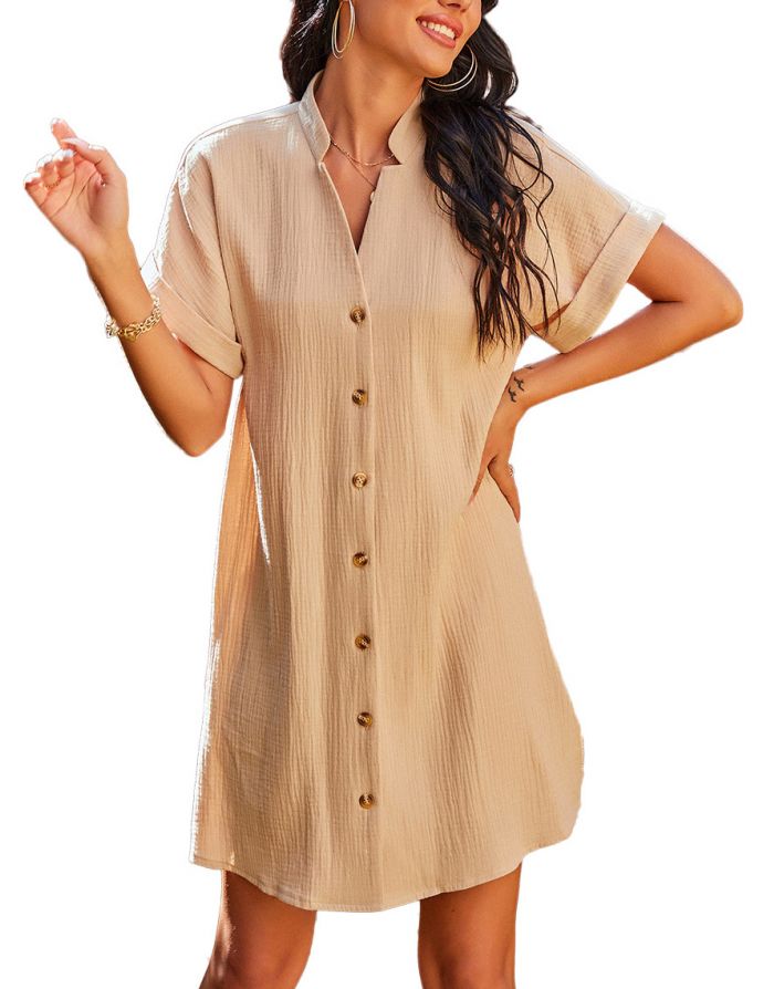 Women Solid Color Loose Casual Stand Collar Short Sleeve Single Breasted Short A-Line Summer Dress