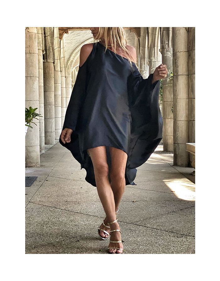 Spring Summer Oblique Cold Shoulder Printed Striped Irregular Loose Cape Beach Holiday Midi Dress